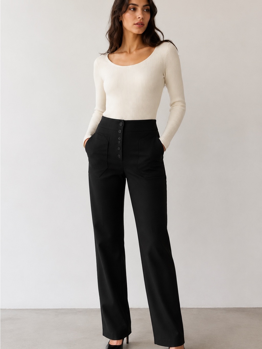 Halara High-Waist Button Front Wide-Leg Pants - Black